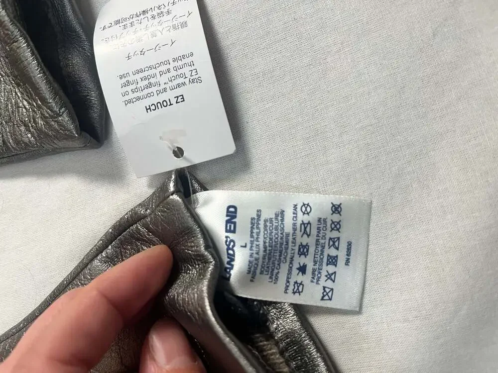 Lands' End NWT EZ Touch Leather Cashmere Lined Gloves Pewter Metallic Size L